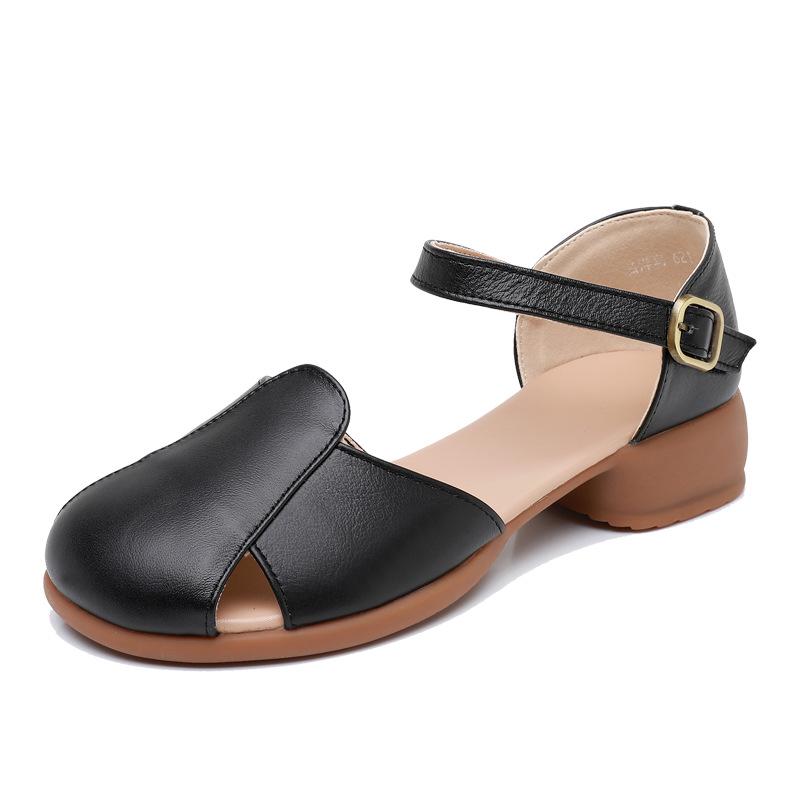 Real Leather Low Heeled Mom Shoes, Summer Anti Slip, Breathable and Comfortable Women's Shoes, Retro Toe Cap Women's Sandals, Velcro