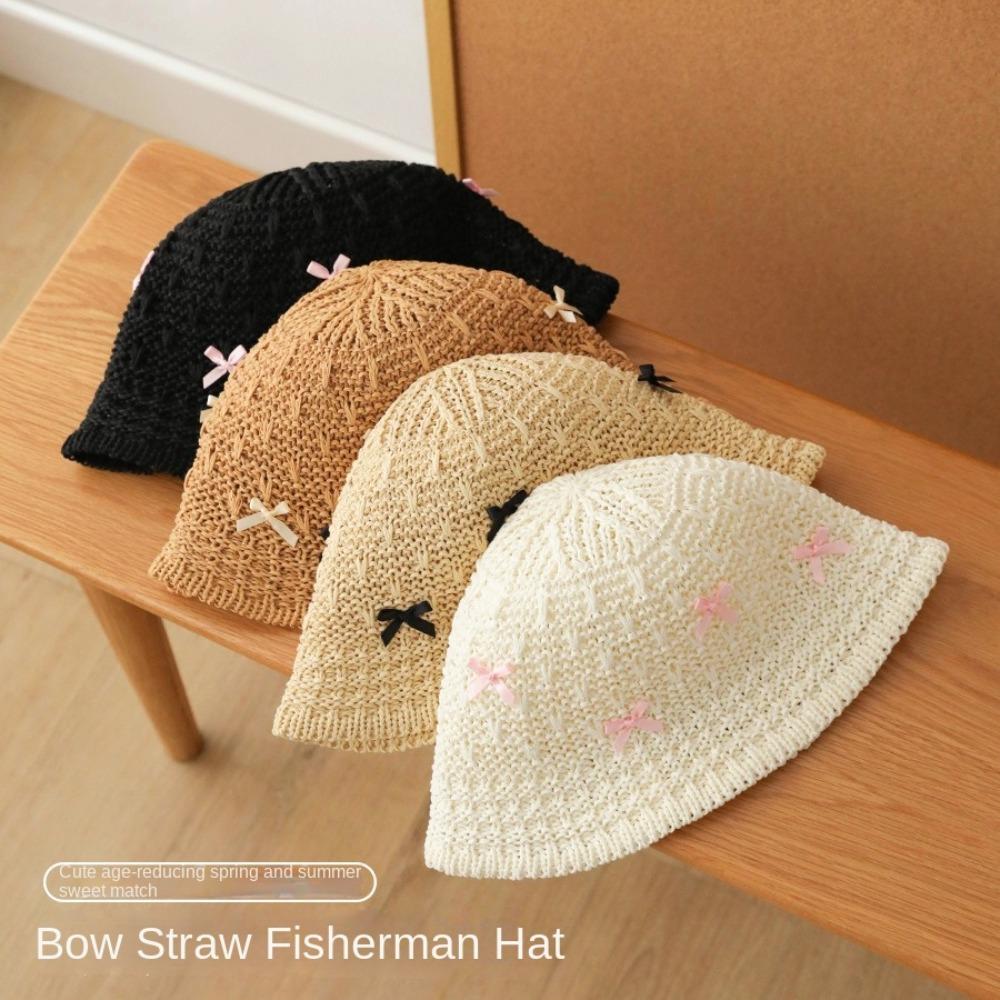 Mini Bow Beach Straw Hat Breathable Women Suncreen Hat Fashion Korean Bucket Hat  Sun Protection