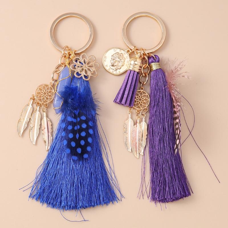 Hexagon Dreamcatcher Keychain Turquoise Key Ring Pendant Plush Feathers Tassels Handcrafted Jewelry Accessory For Women
