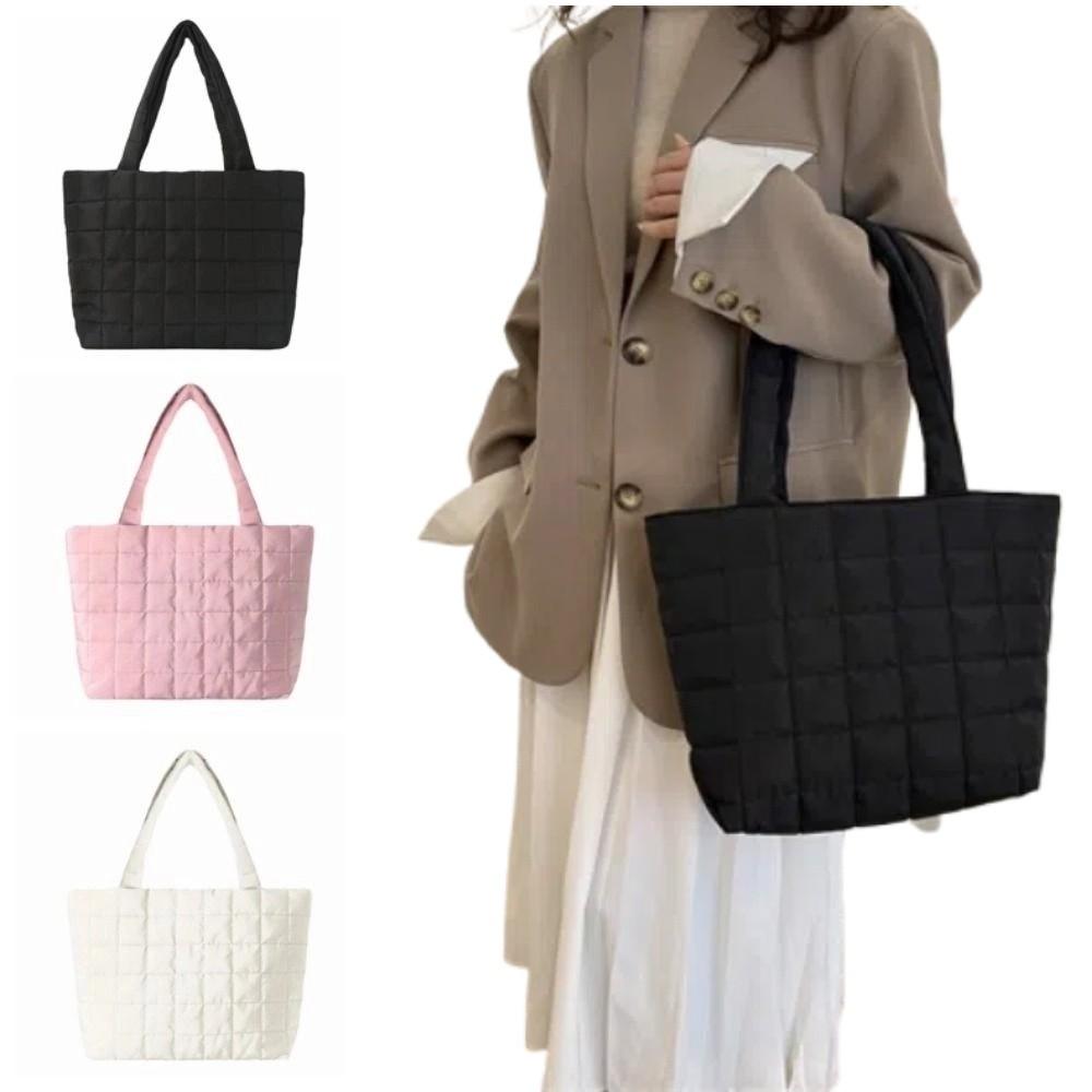 Solid Color Quilted Shoulder Bag Checkered Quilted Handbag Trendy Fashion Tote Bag  Female Use
