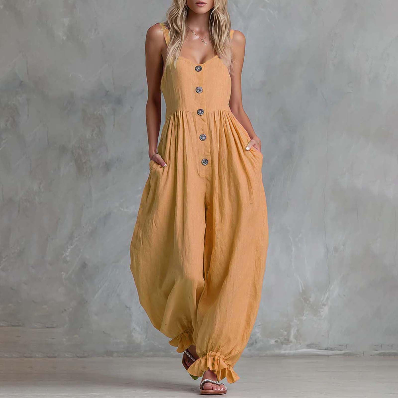 

Women s Casual Solid Color Sleeveless Button Strap Jumpsuit Lightweight Comfortable Fit Adjustable Design L