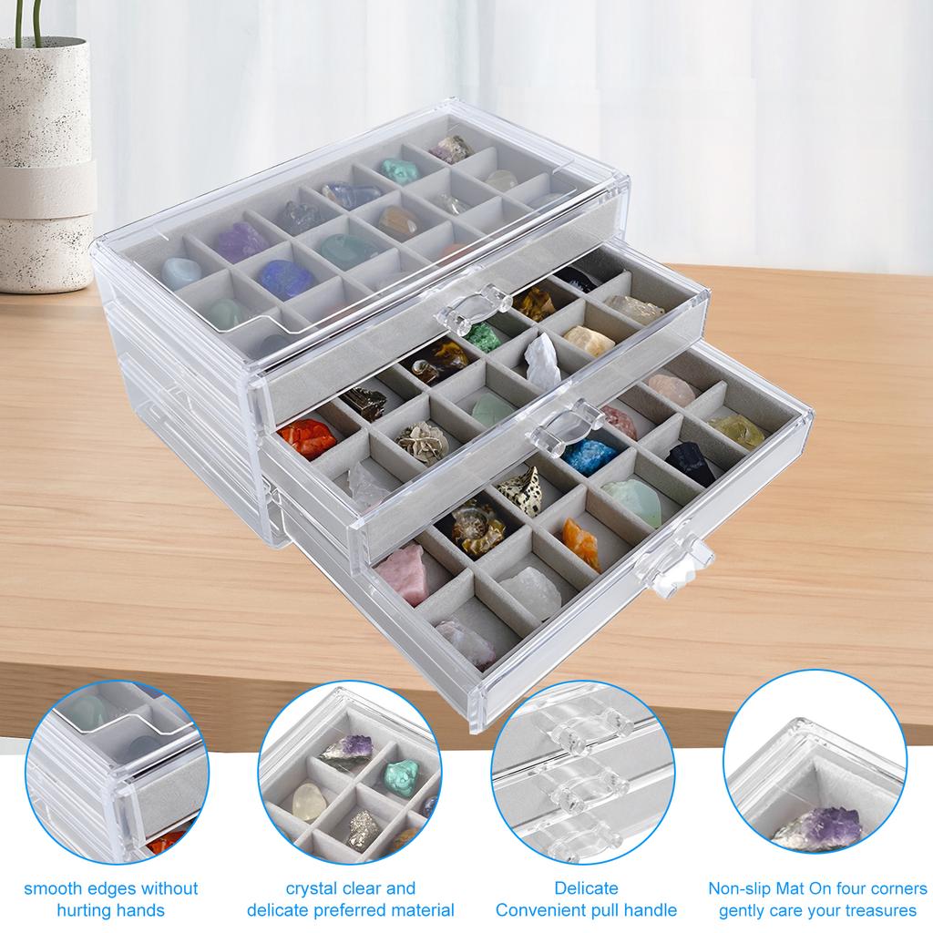 Rock Display Case 3 Drawers Rock Collection Box Clear Crystals Display Case Durable Gemstone Rock Storage Case for Kids Rocks