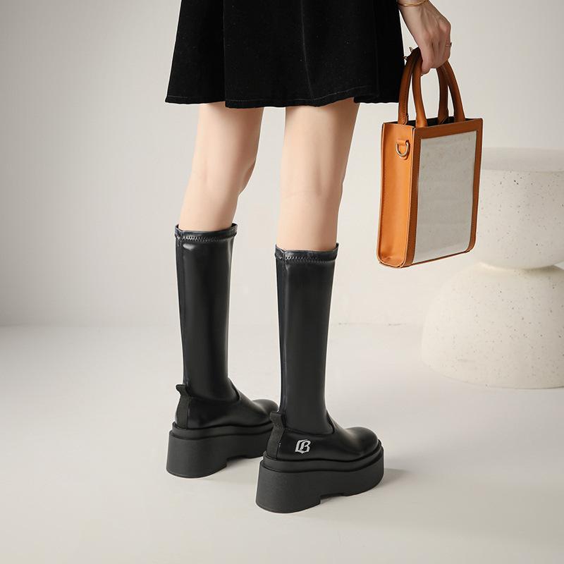 

New spot 2025 autumn and winter velvet elastic thin boots, new thick-soled medium-heeled high boots, small and long 40