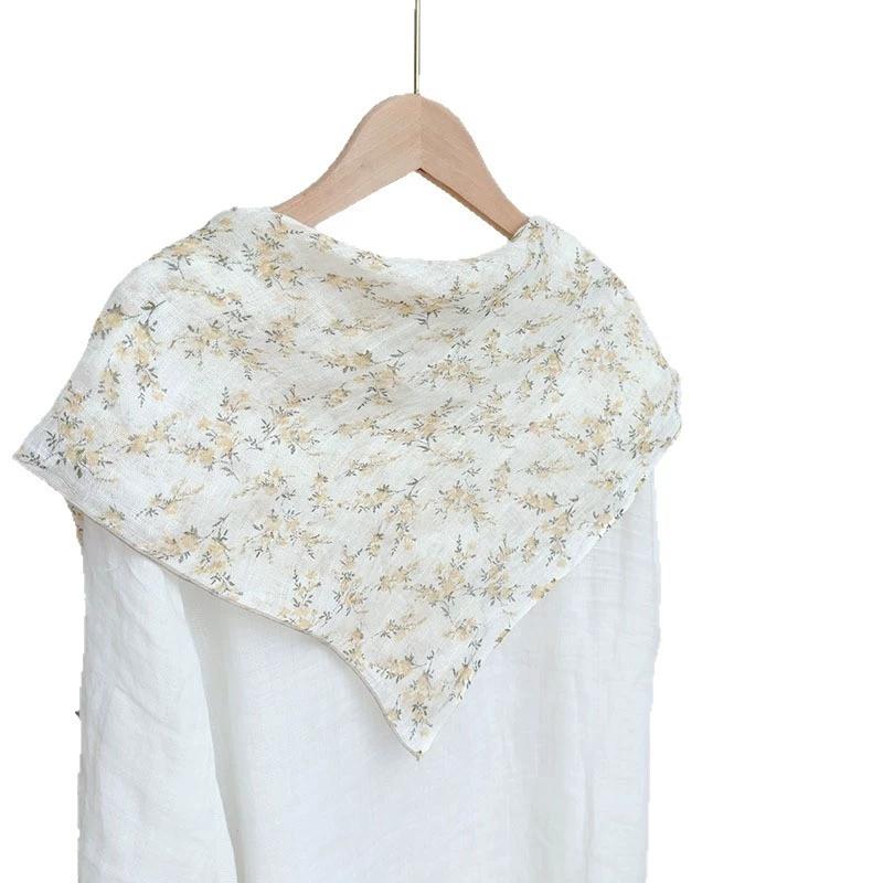 Spring And Summer 100% Linen Floral Thin Neck Scarves Square Scarf Neckerchief 70*70cm Office Hijab Headband Female Foulard