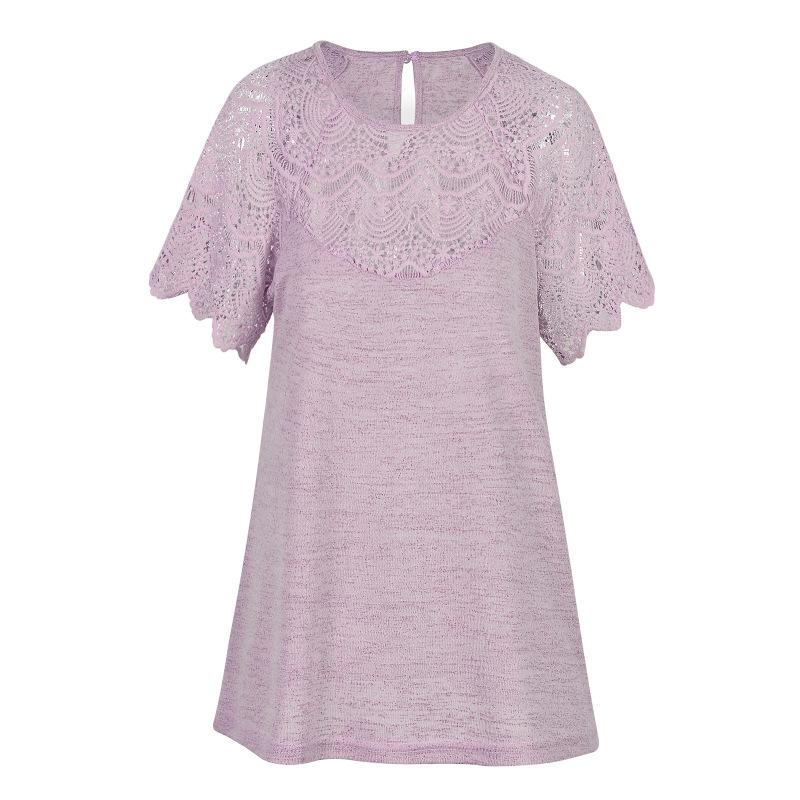 Summer New Round Neck Lace Patchwork Short Sleeved T-shirt Top