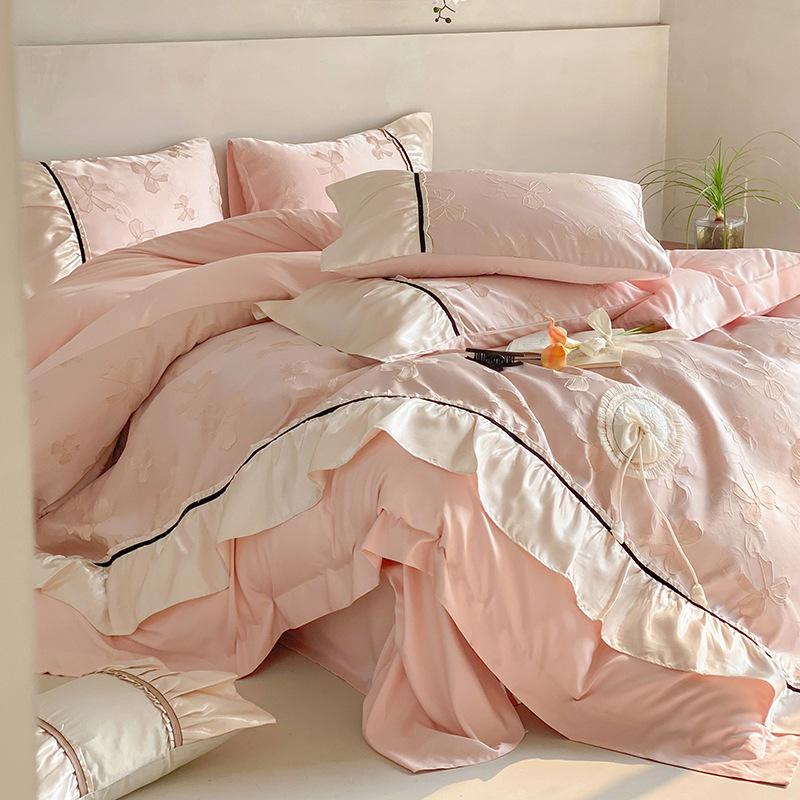Silk Bedding Set Four-piece Set Cool Feeling Ice Silk Lace Skin-friendly Comfortable and Breathable Washed Quilt Cover Bed Sheet Pillowcase