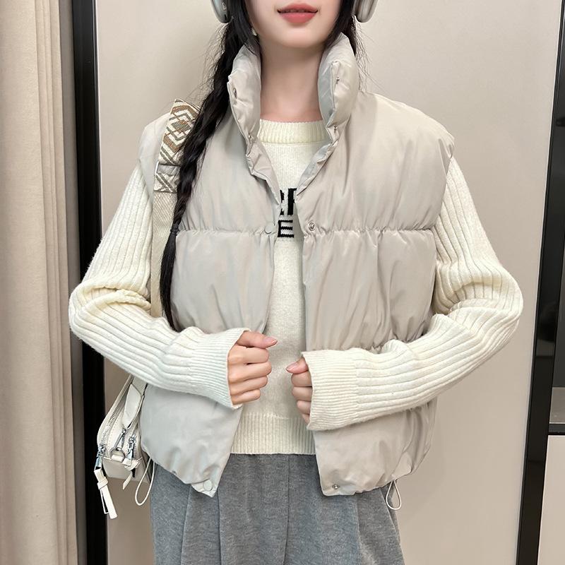 

New Women s Lightweight Sleeveless Jacket Stand-up Collar Solid Color Thickened Warm Sports and Leisure Loose Lantern Core Cotton Jacket M бежевий