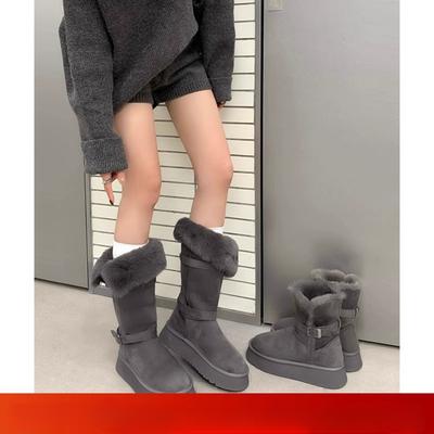 Bottes de neige grises à semelle épaisse pour femmes hiver 2025 nouvelles deux-portés tube long épaissies chaudes polyvalentes bottes hautes chaussures en coton