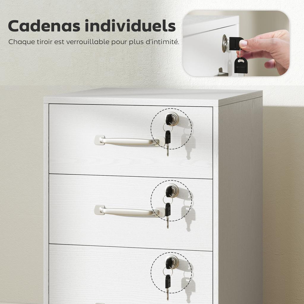 Mobile Office Pedestal, 3 Lockable Drawers, Storage Unit on Wheels, 40 x 40 x 69.5 cm, White