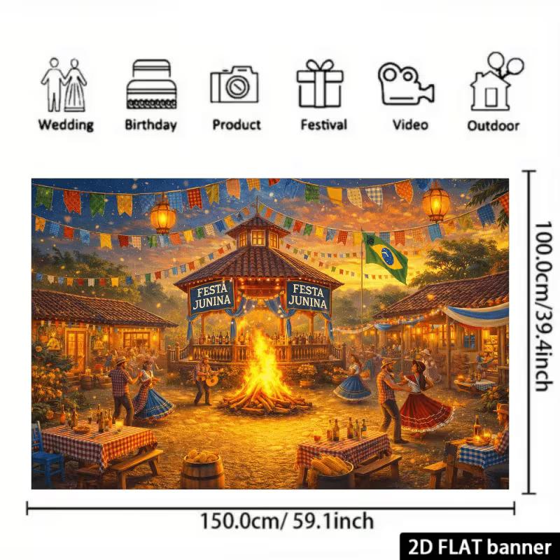 2D Festa Junina Festival Background Banner, Rustic Village Scene Backdrop for Party Photoshoot