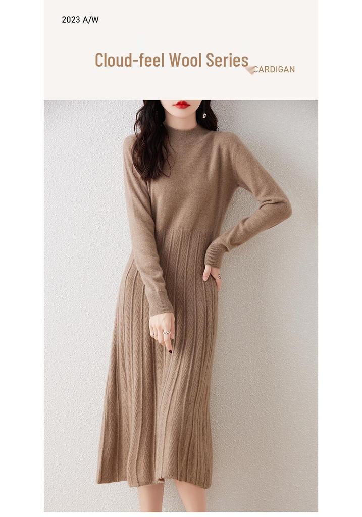 Elegant Merino Wool Women's Bodycon Knit Dress - New Style with Half High Neck and High Waist Design