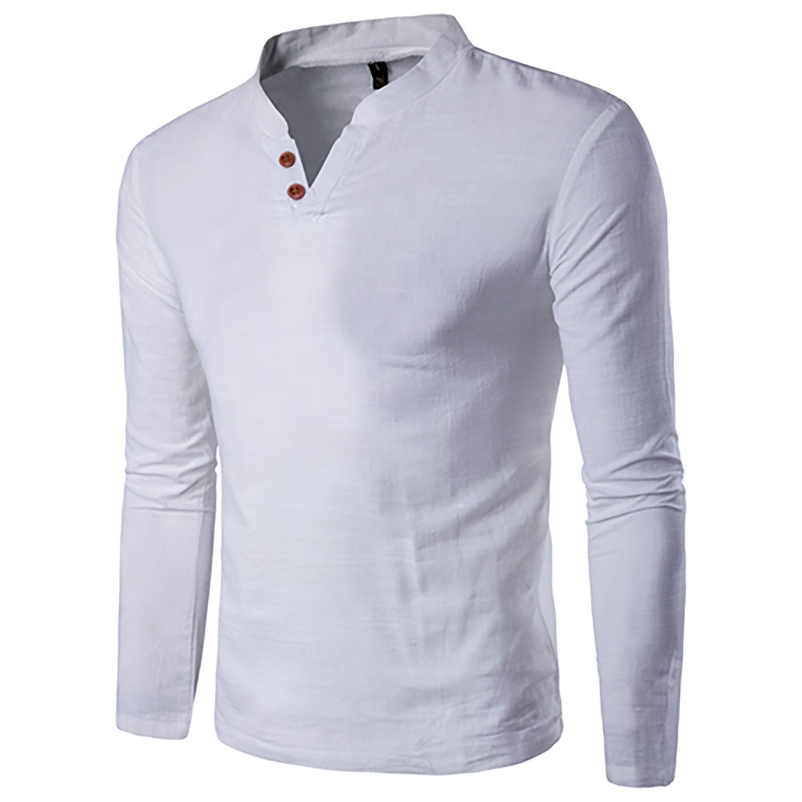 Men s Summer Cotton Linen Stand-Up Collar Color Button Long Sleeved Blouse M