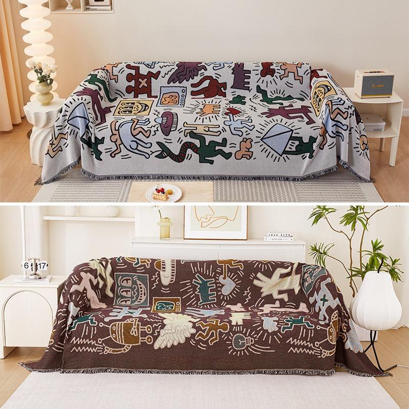 1PC Sofa Four Seasons Universal Cotton and Linen Material Textile Towel Graffiti Sofa Cover Nordic Style Cartoon Sofa Cover