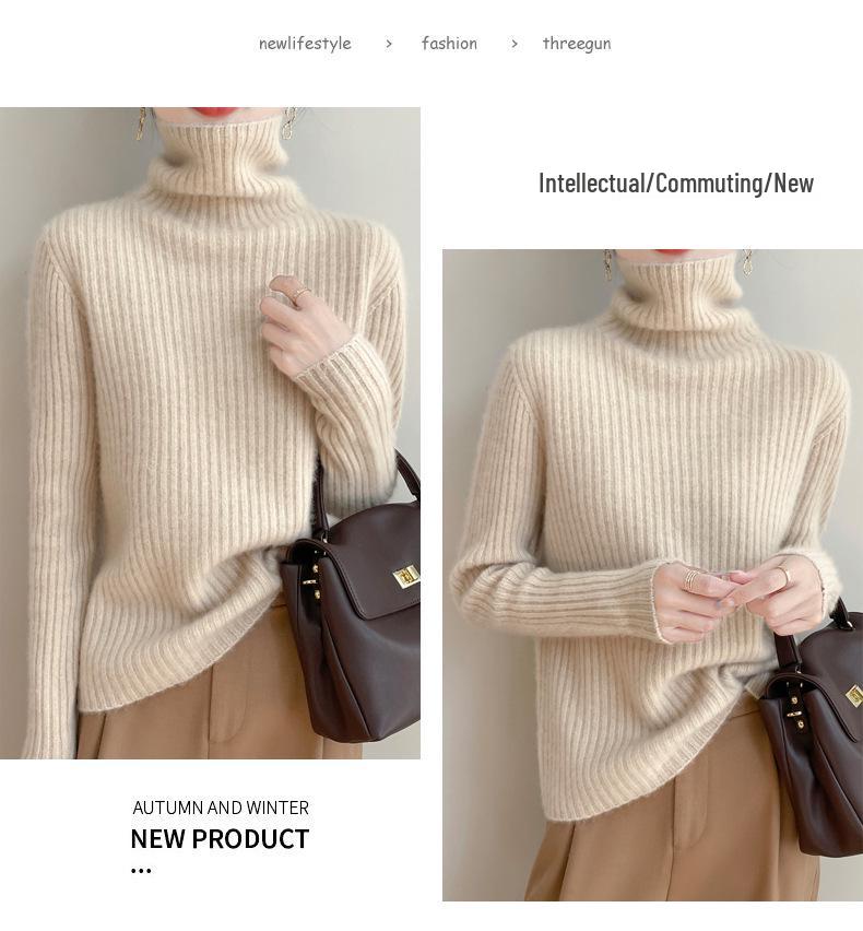 2025 Autumn/Winter High-Neck Pure Wool Ribbed Knitwear Loose Pullover Base Layer