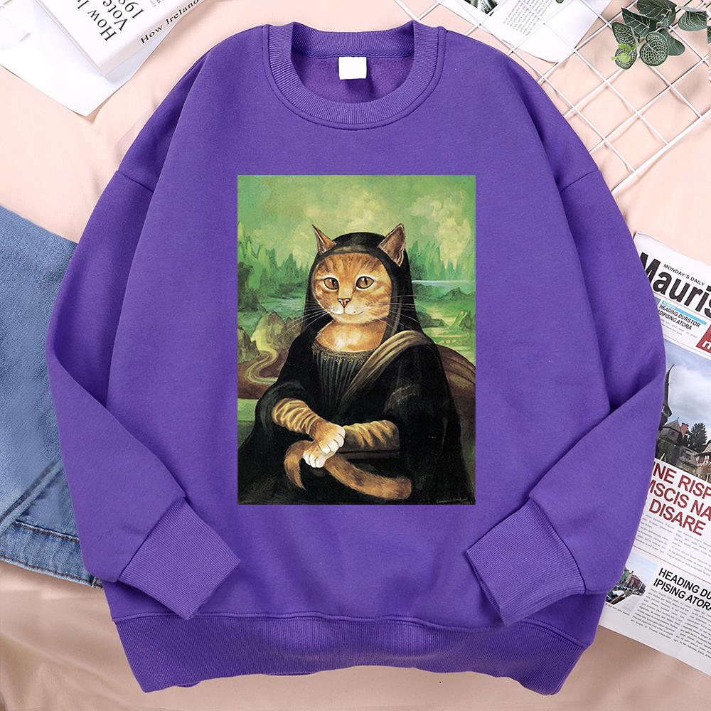 

Оранжевый кот пародия Мона Лиза Мужская толстовка с капюшоном для женщин унисекс повседневная свободная толстовка креативная одежда с круглым вырезом осенняя толстовка высокого качества XXL фиолетовый