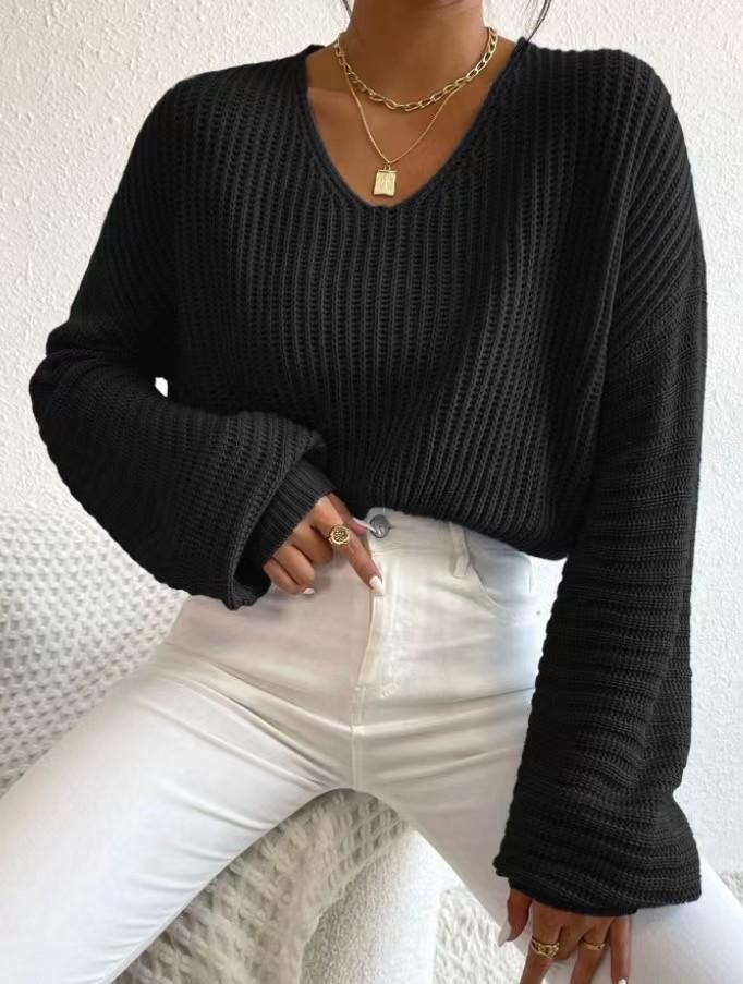 Knitted women's clothing Europe and America 2026 autumn new solid color V-neck lantern long-sleeved pullover sweater