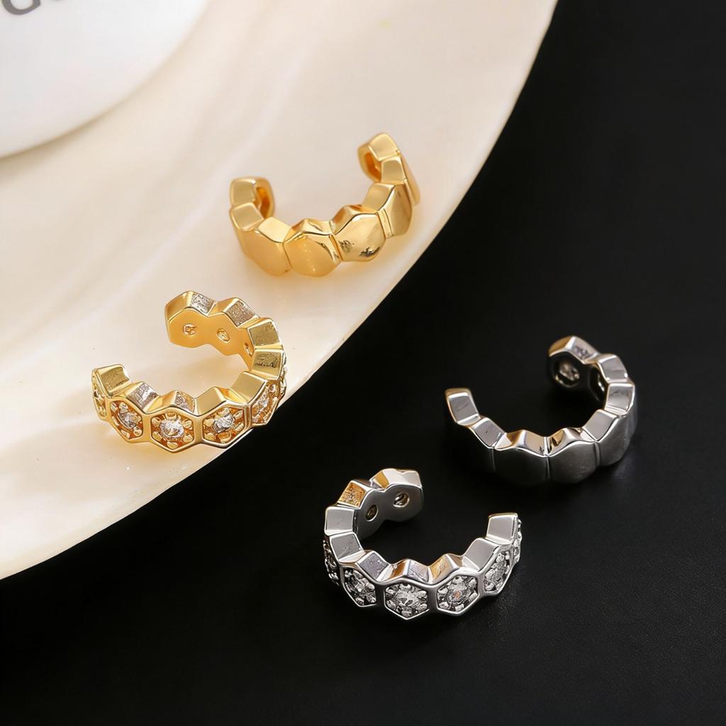 Honeycomb Design Ear Cuff Set Two Styles Hexagonal Ear Clips for Women
