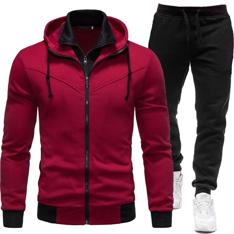 2026 Men's Sporty Patchwork Hooded Jacket and Long Pants Set for Autumn/Winter