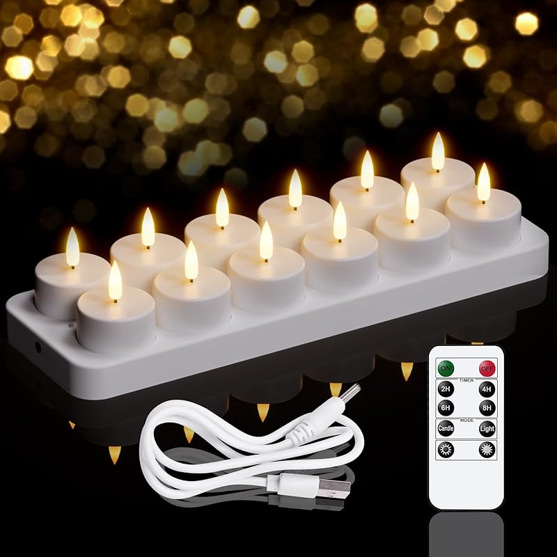 Rechargeable Tea Lights Candles with Remote Timer, 12 Pcs Tea Lights Candles Battery Operated with Charging Base, LED Flameless Candles Table