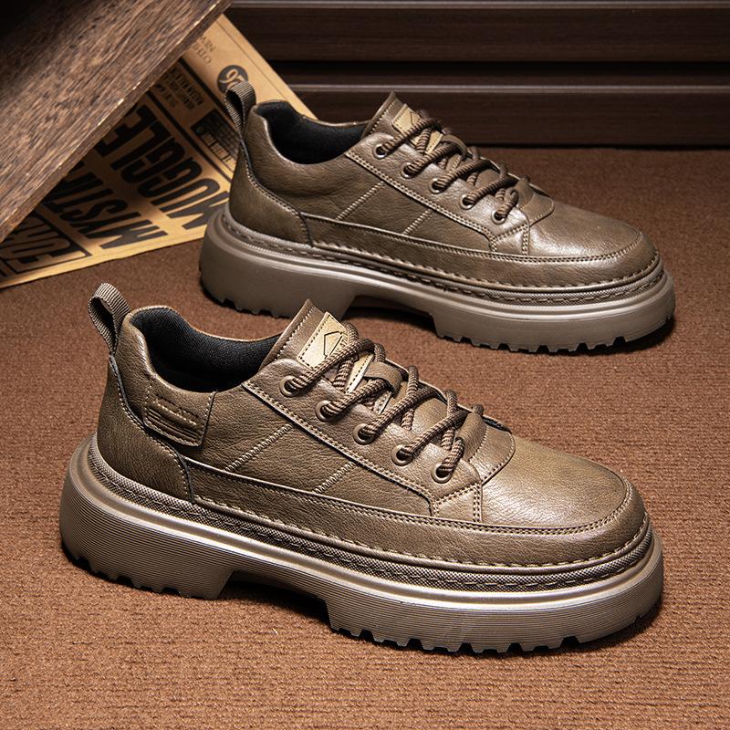 New Men's Comfortable Casual Versatile Classic Fashion Lightweight Simple Round Head Lace-up Thick Sole Lace-up Small Leather Shoes