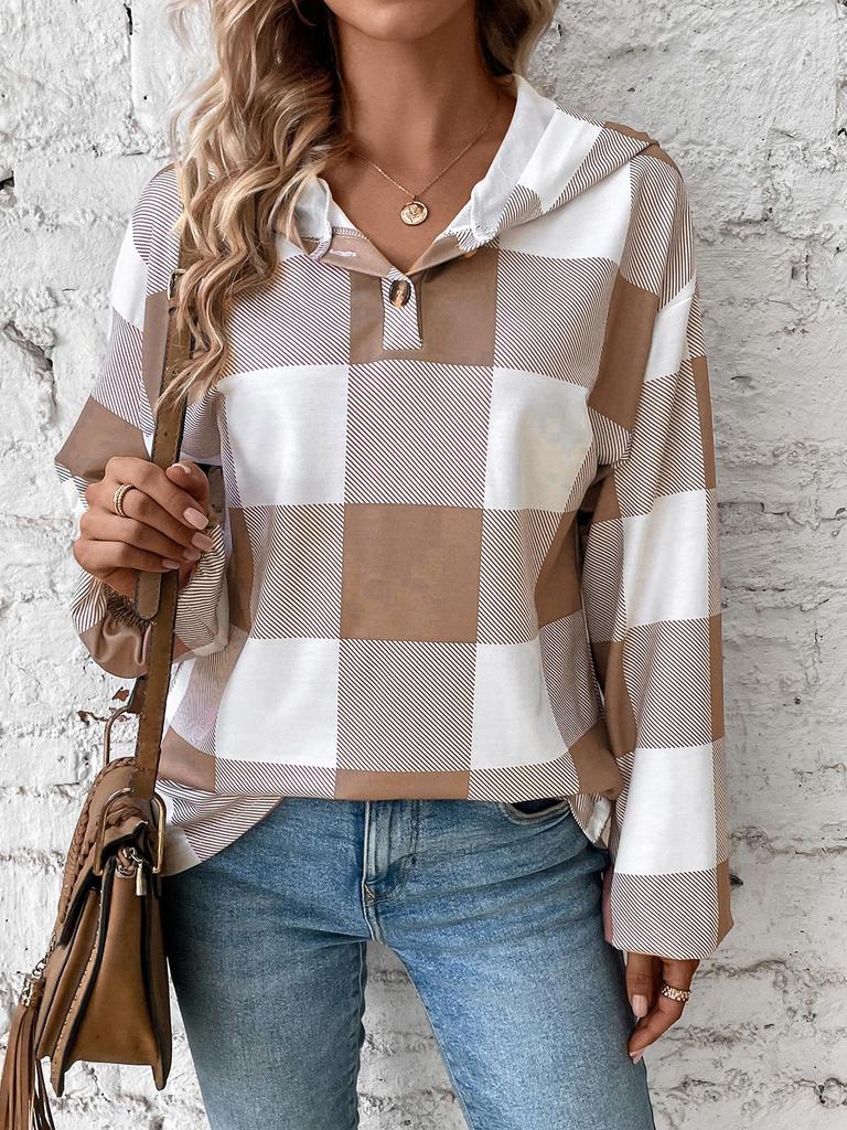 Neutral Plaid Print Hooded Long Sleeve Sweatshirt: Loose and Casual Autumn/Winter Women's Fashion