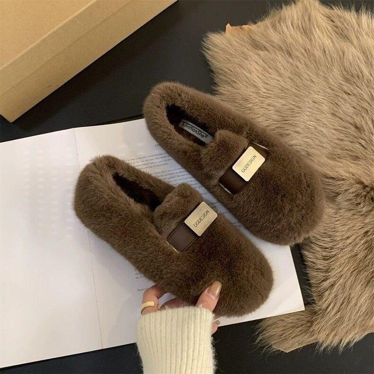 Mao Mao shoes women pedal new velvet cotton shoes flat autumn and winter Internet celebrities warm Korean version of Doudou shoes 2025 outer wear