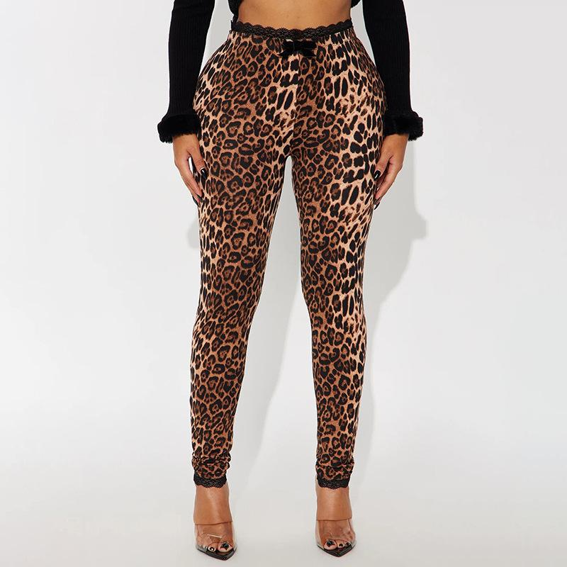 2026 New Women s Lace Trim High-Waisted Patterned Printed Stretch Casual Pants S