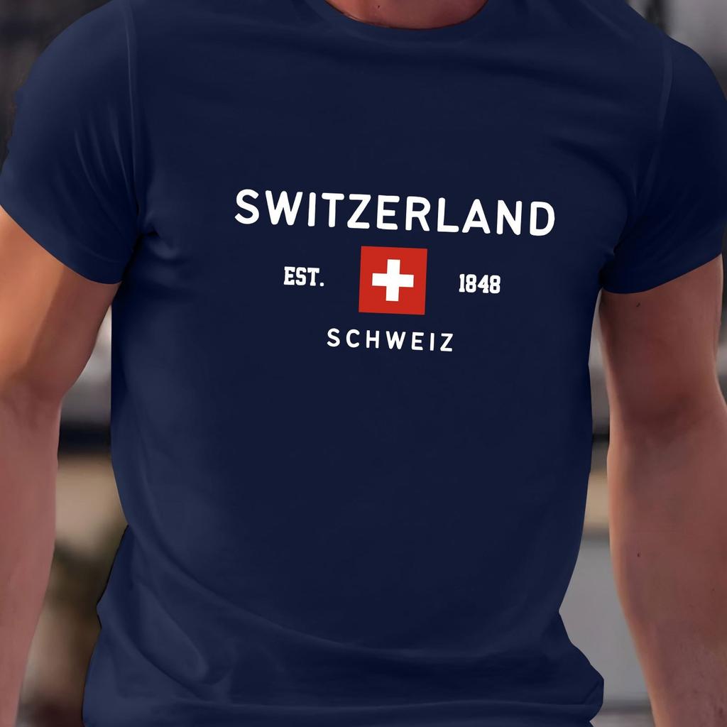 Summer Men's 100% Pure Cotton Casual Loose Plus Size Switzerland Pattern Printed Round Neck Short Sleeved T-shirt Top