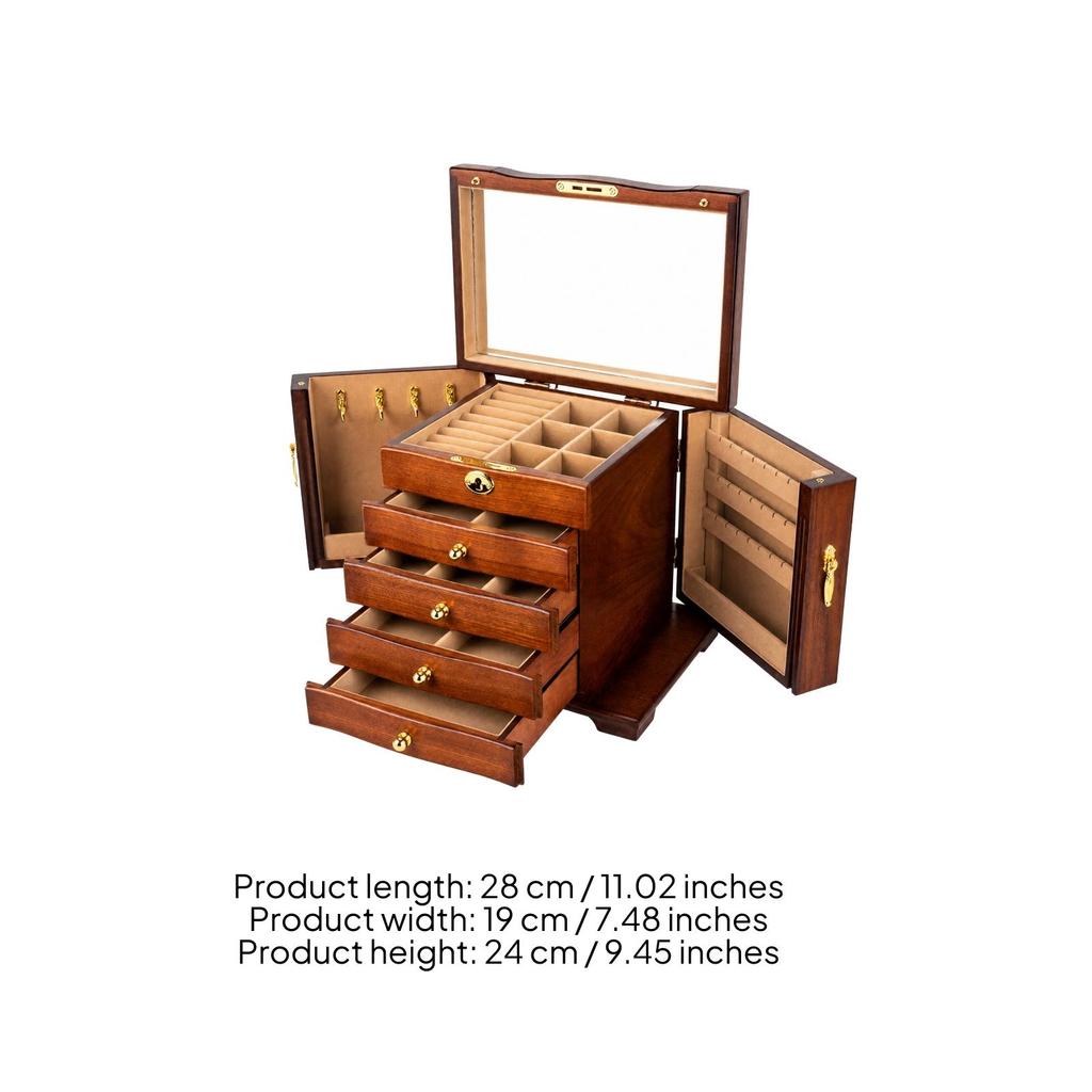 Jewelry Box with Drawers and Side Compartments Solid Wood