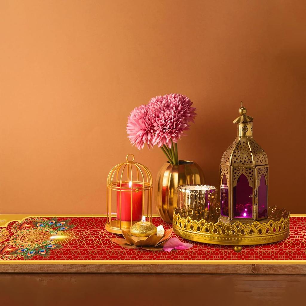 Diwali Table Runner,Red Gold Diwali Table Decoration India Deepawali Festival Table Runner Holiday Kitchen Dining Table Decoration for Home Party