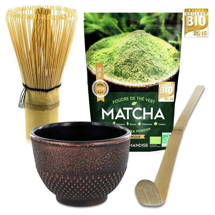 Coffret thé Matcha + fouet + cuillère en bambou + tasse noir &amp; violet