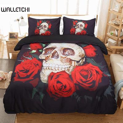 Red Rose Skull Bedding Duvet Cover Set 3D Floral Skull Printed Duvet Cover with Zipper,Soft Microfiber Gothic Decor Bedding Set