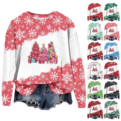Moda feminina Natal estampado manga comprida solto gola redonda moletom top outono