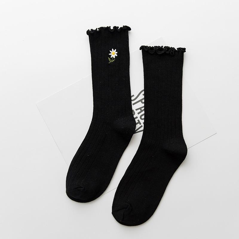 5 Pairs of Female Spring and Summer New Solid Color Wooden Ear Embroidery Roll Edge In The Tube Pile Socks