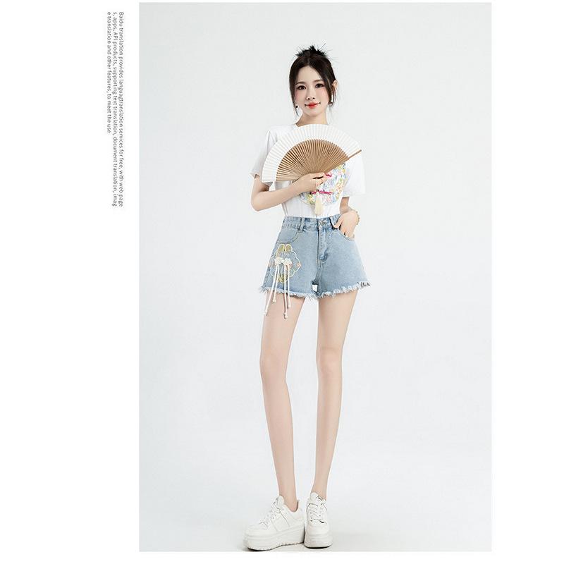 Neuer Chinesischer Stil Nationaler Stil Denim Shorts Damen Sommer Mode Personalisierte Stickerei Nationale Mode A-Linie Hotpants
