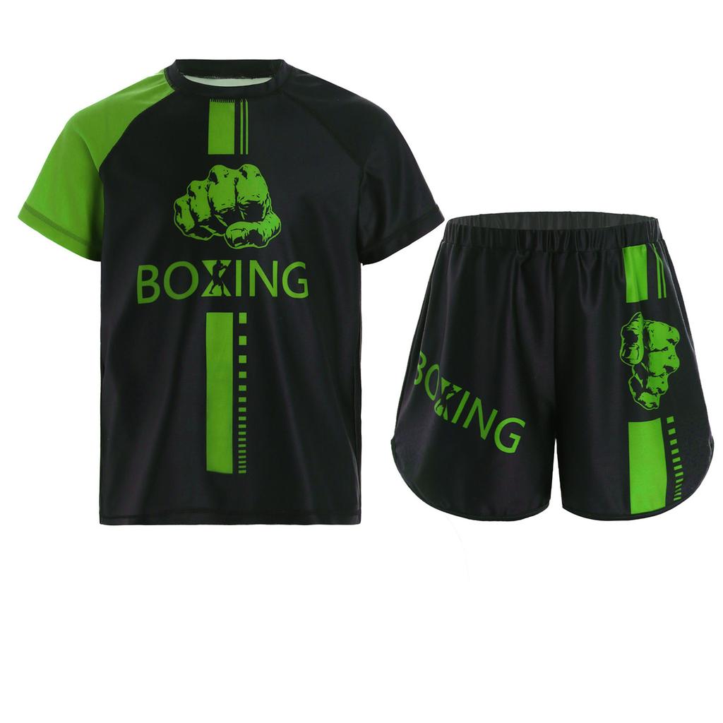 Kids Boys Boxing Uniform 2pcs Tracksuits Short Sleeve Boxer Shirt and Fighting Shorts Muay Thai Kickboxing Set