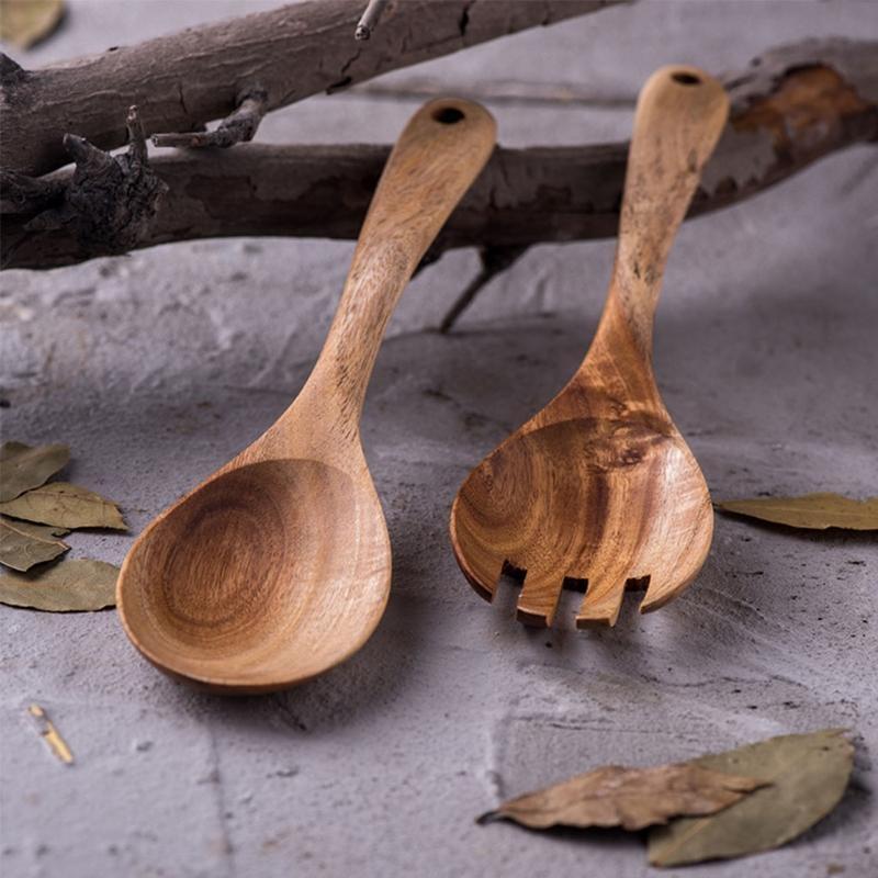Acacia Wooden Salad Servers Rice Spoon Fork Dinner Salad Mixing Cooking Utensils