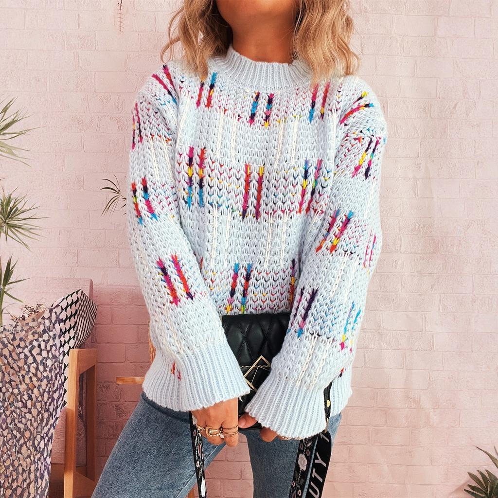 Women's Casual Cute Style Colorful Striped Plaid Contrast Color Knitted Pullover Sweater