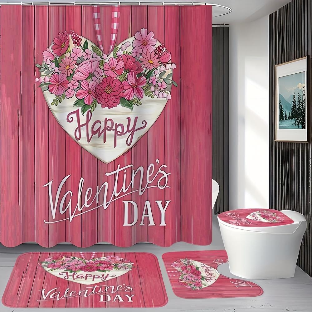 4Pcs Bathroom Shower Curtain Set Pink Flowers Bathroom Curtain With 12 Hooks Non Slip Rugs Toilet Cover Mat Bathroom Partition