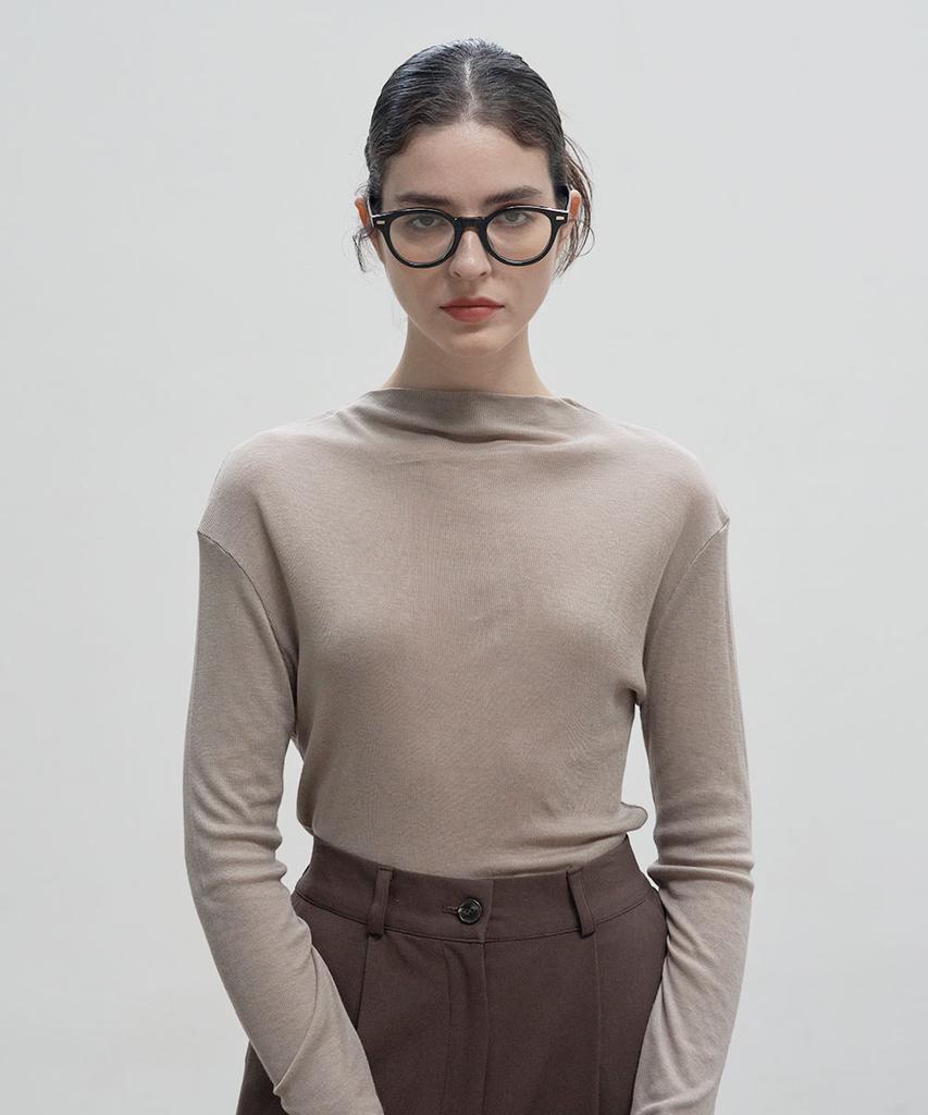 320SHOWROOM Mock Neck Wool Long Sleeve T-Shirt Mocha Beige
