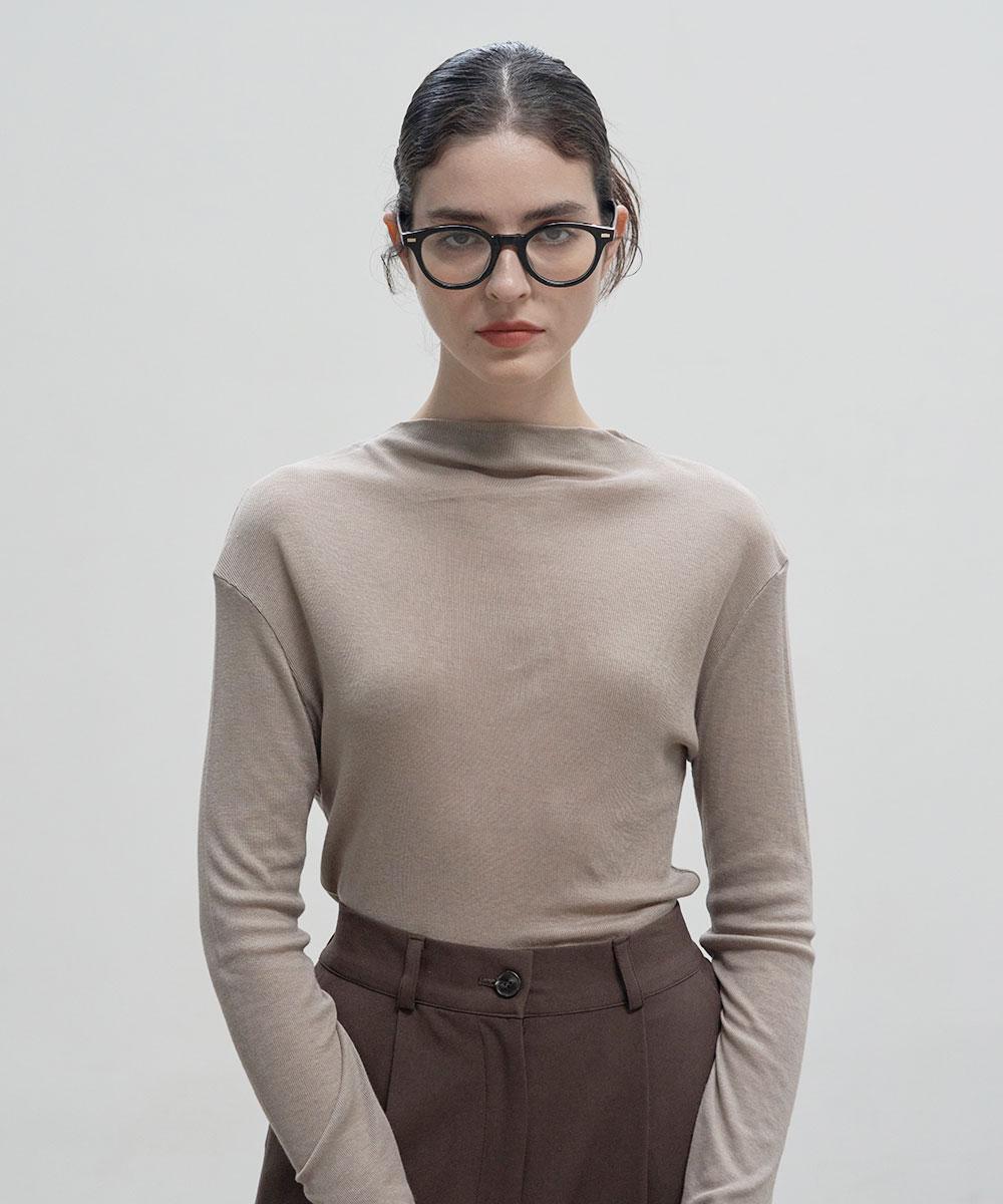 320 Showroom Mock Neck Wool Long Sleeve T-Shirt Mocha Beige Free