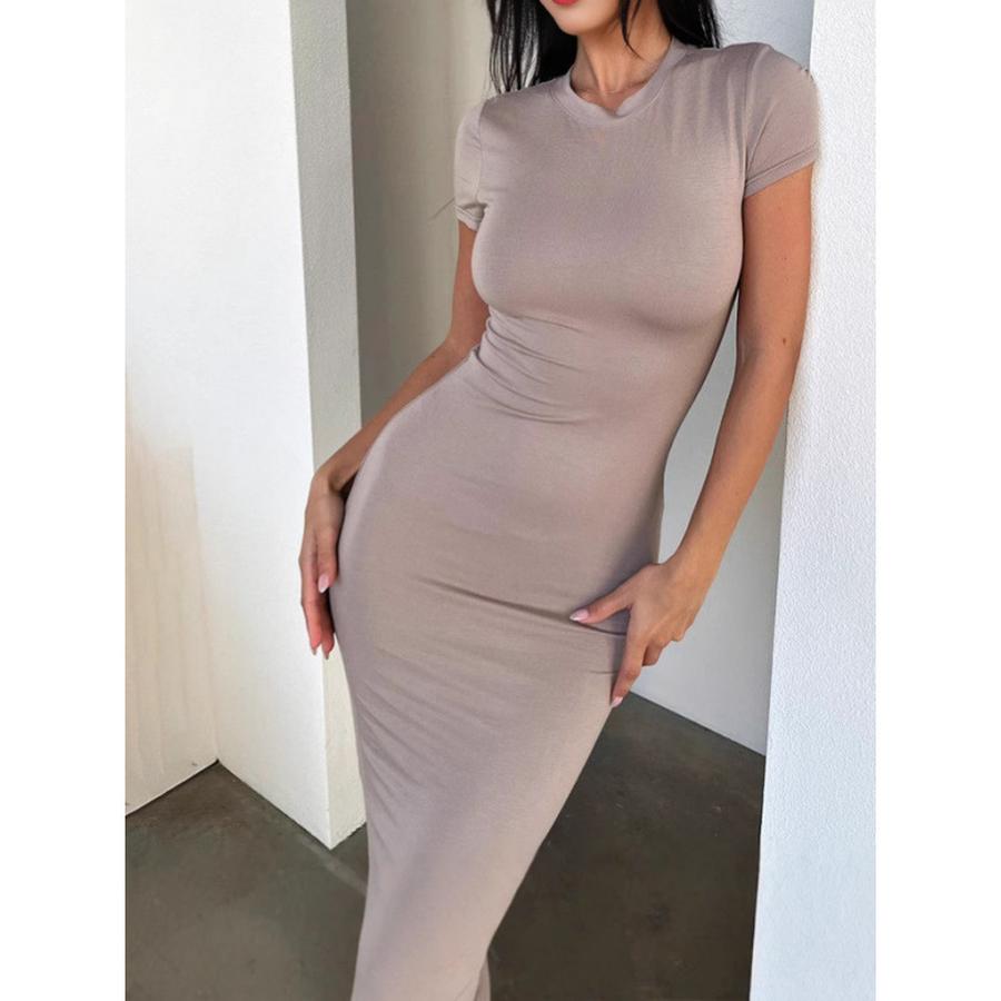 Women's Spring Summer Imported Solid Bodycon Chic Slim Fit Short Sleeve Fashion Dress