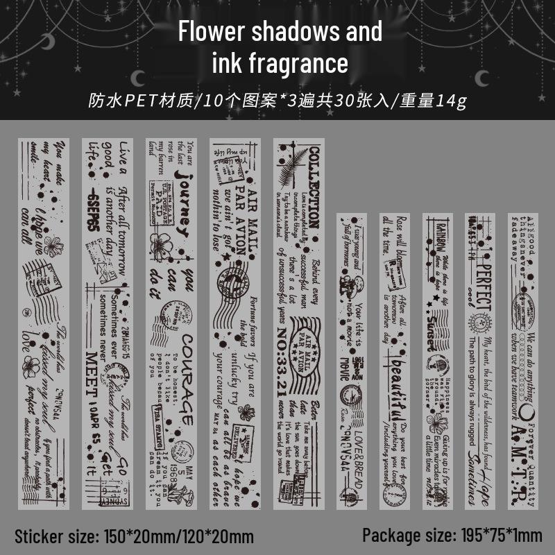 ZABC PET Ink Shadow Series Stickers: 30 Black & White Text Sheets, 4 Styles Available.