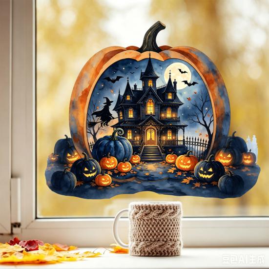 Decorative Holiday Gift for Friends Halloween Pumpkin Haunted House Static Window Stickers, Waterproof PVC Castle Outdoor Balcony Stickers