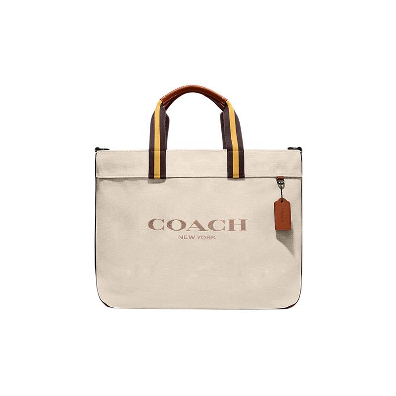 

COACH handbag 38 solid color letter logo logo embossed zipper closure canvas with leather canvas bag tote bag tote bag shopping bag large size women s бежевий