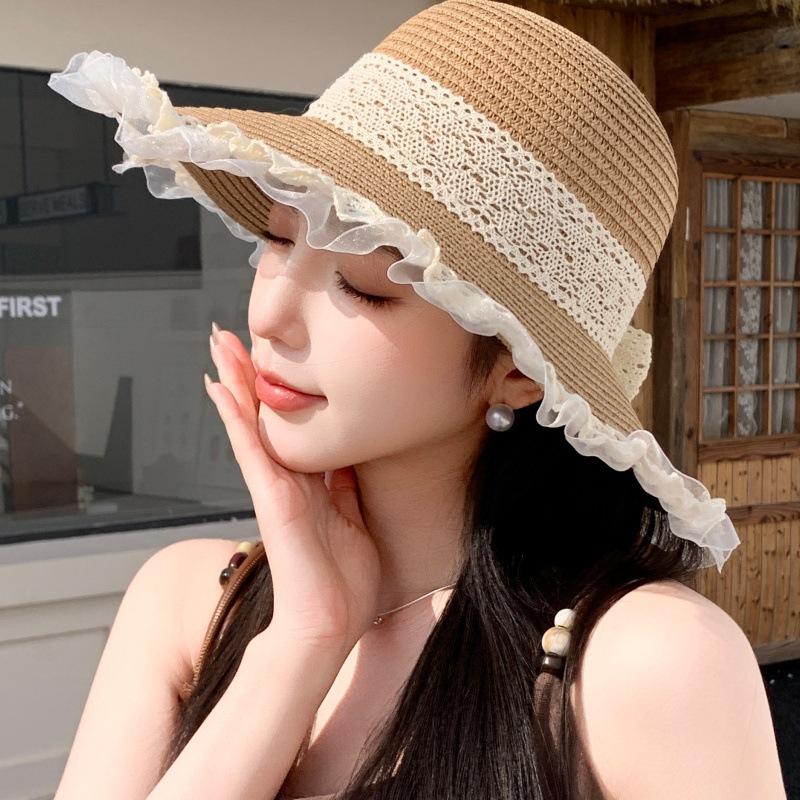 French sweet bow lace straw hat women's summer seaside vacation beach hat outdoor photo shade sun protection hat
