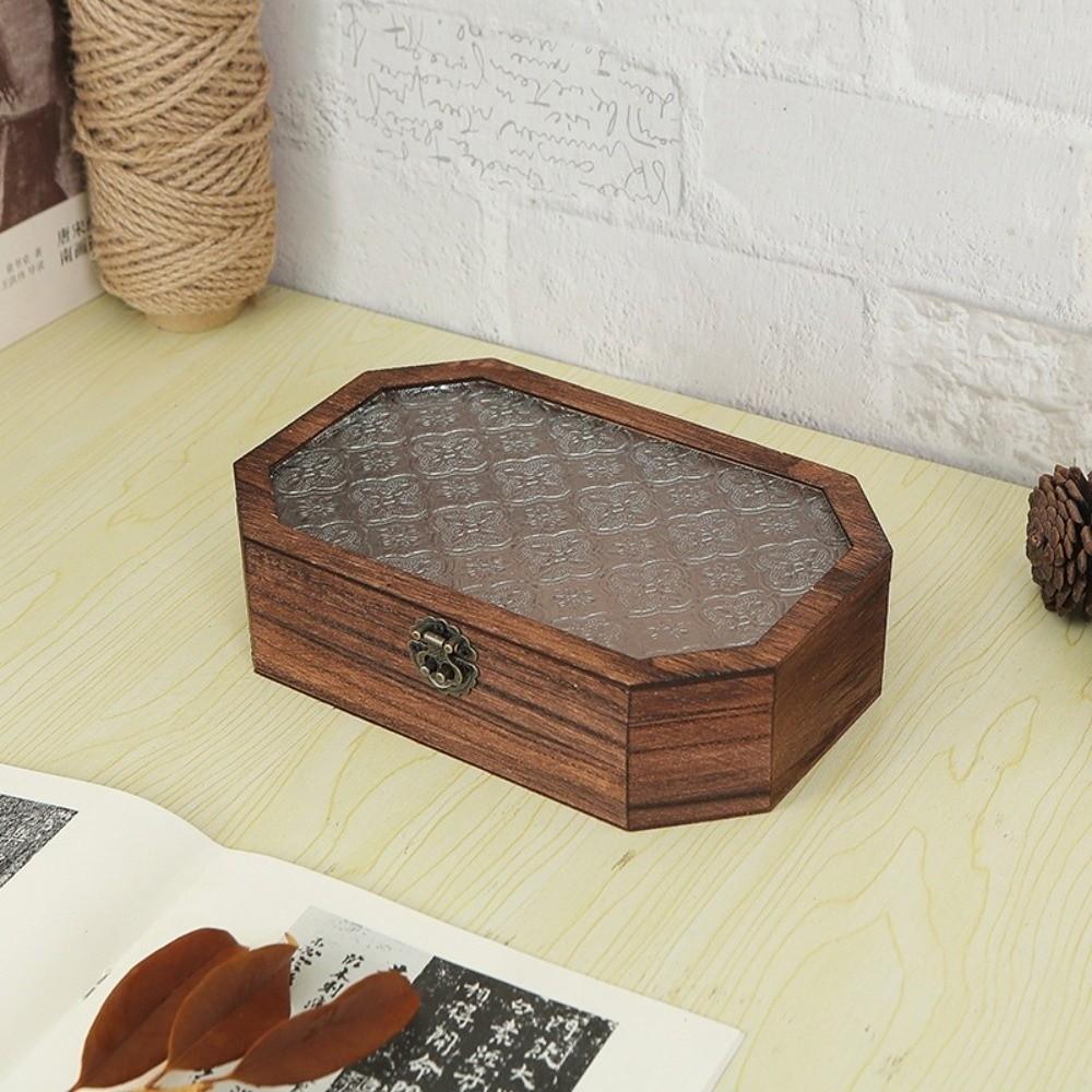Flip Cover Wooden Storage Box Vintage Glass-Lid Box Minimalist Storage Cabinet  Perfume Storage