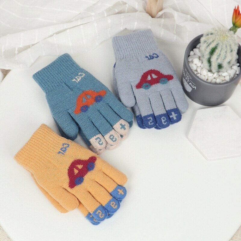 Children Gloves For 4-8 Years Boys Girls Winter Knitted Soft Warm Cartoon Car Full Finger Gloves