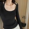 Black Long-sleeved T-shirt for Women, Spring Inner Layering Shirt, Niche Design, Halter Neck, Clavicle Slimming, Short Top