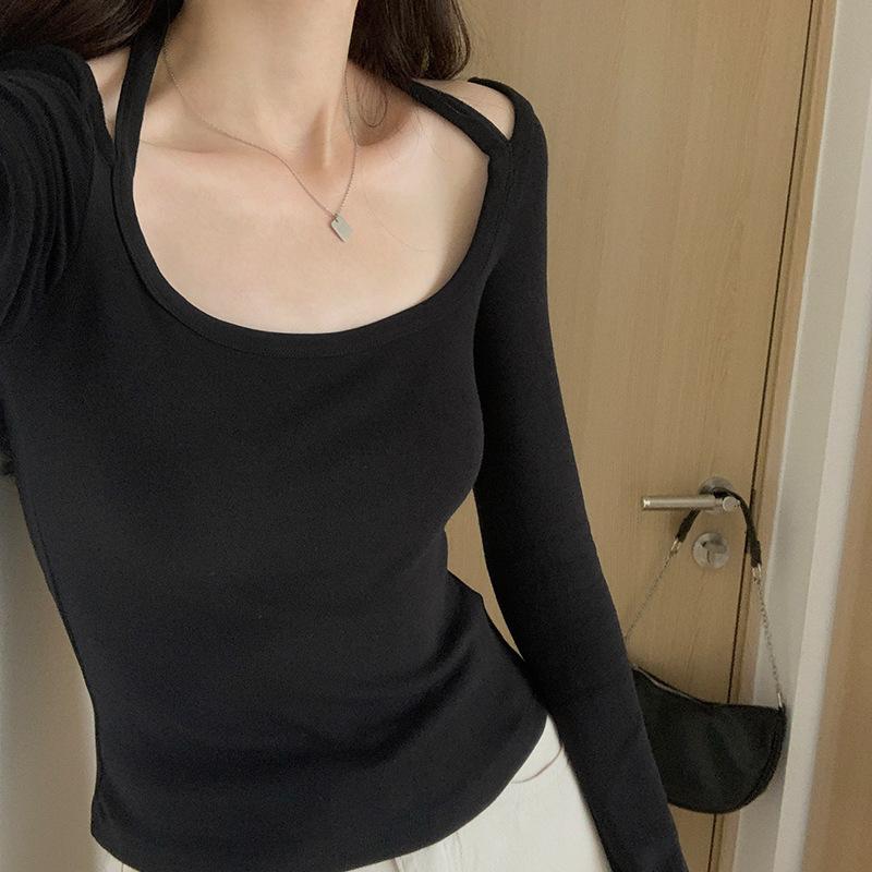 Black Long-sleeved T-shirt for Women, Spring Inner Layering Shirt, Niche Design, Halter Neck, Clavicle Slimming, Short Top
